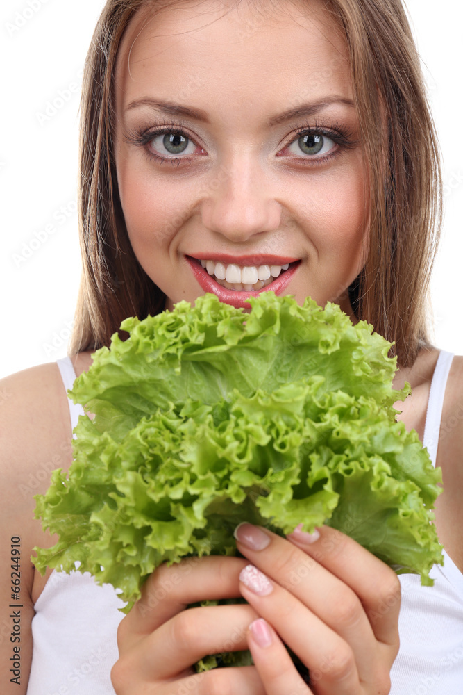 Beautiful girl with fresh lettuce, close up Beautiful girl with fresh lettuce, close up
