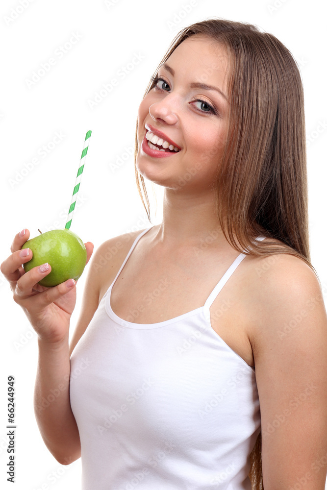 Beautiful girl with juice, isolated on white Beautiful girl with juice, isolated on white