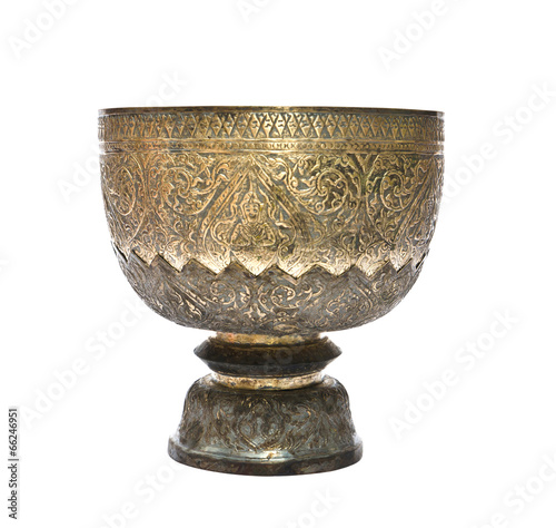 Thai old silver tray with pedestal and ladle