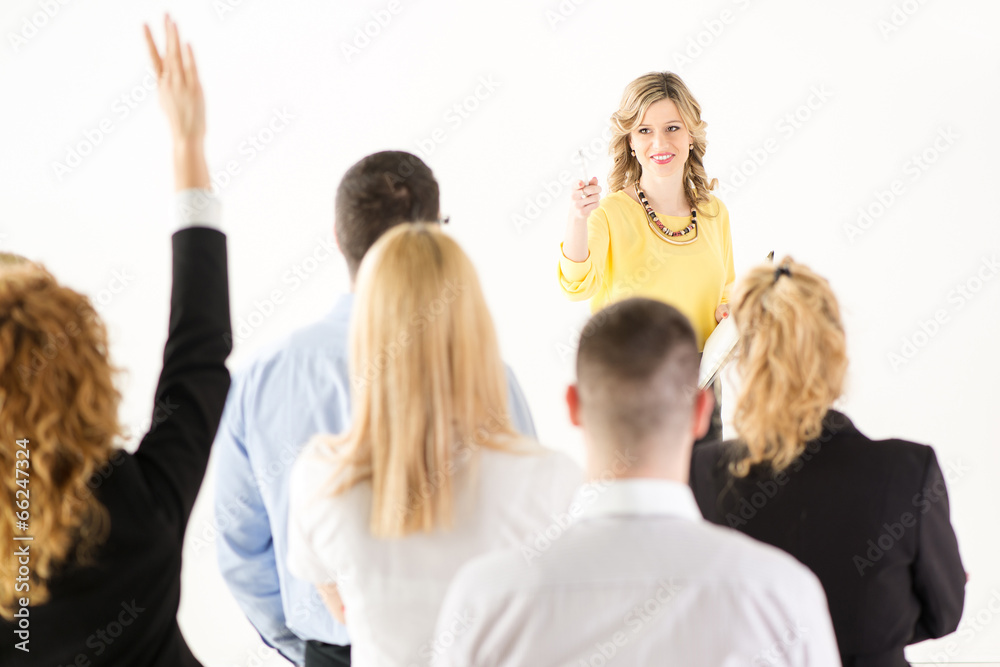 Obraz premium Businesswoman answering the questions