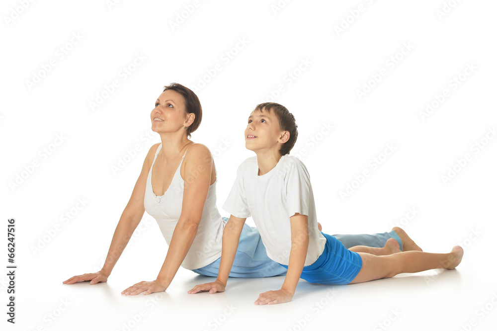 Mother and son exercising
