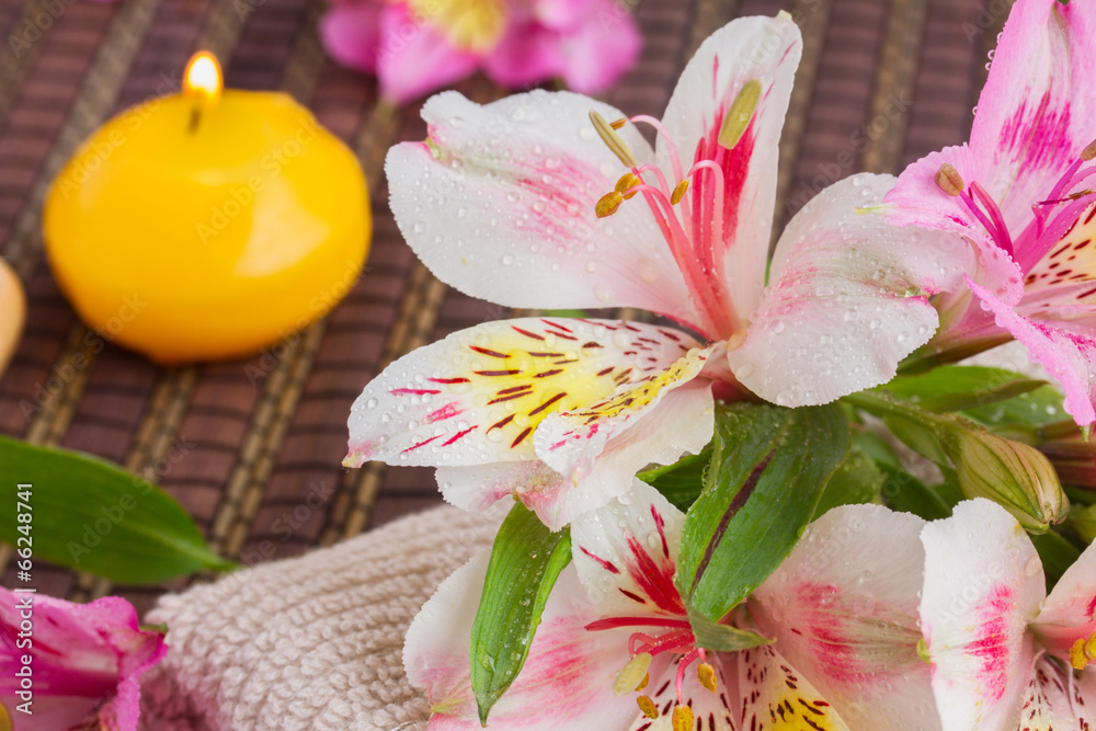 spa setting with alstroemeria flowers spa setting with alstroemeria flowers