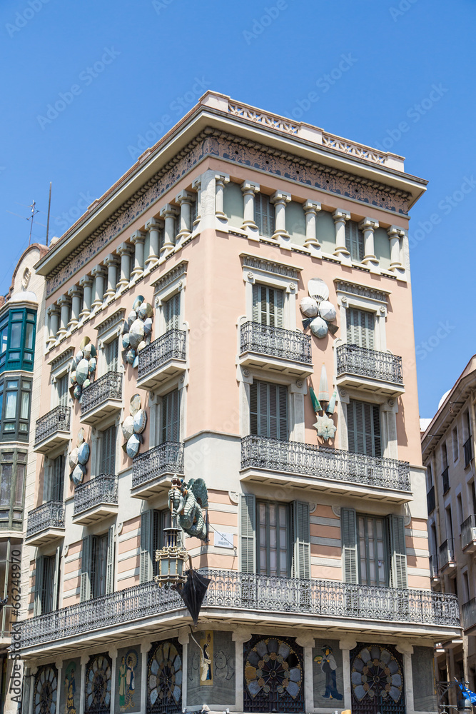 Old Plaster Hotel with Balconies in Barcelona