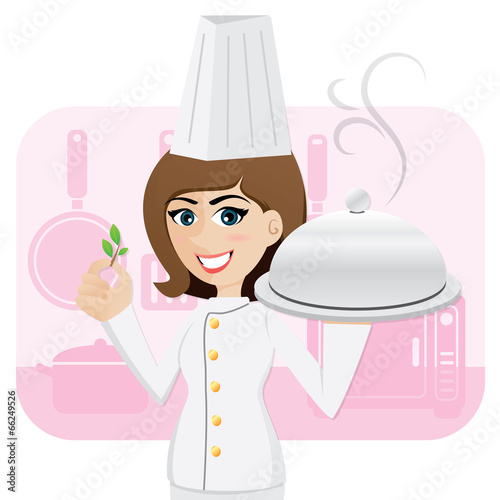 cartoon girl chef serving food with herb
