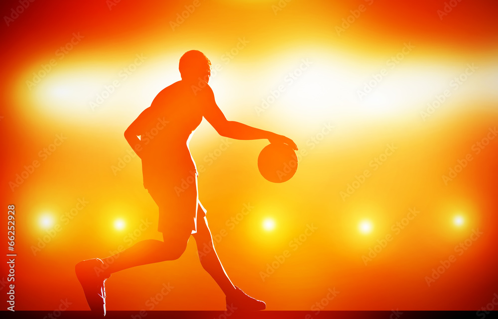 Fototapeta premium Basketball player silhouette dribbling with ball on red