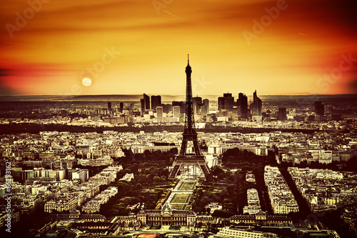 Paris, France at sunset. Aerial view on the Eiffel Tower