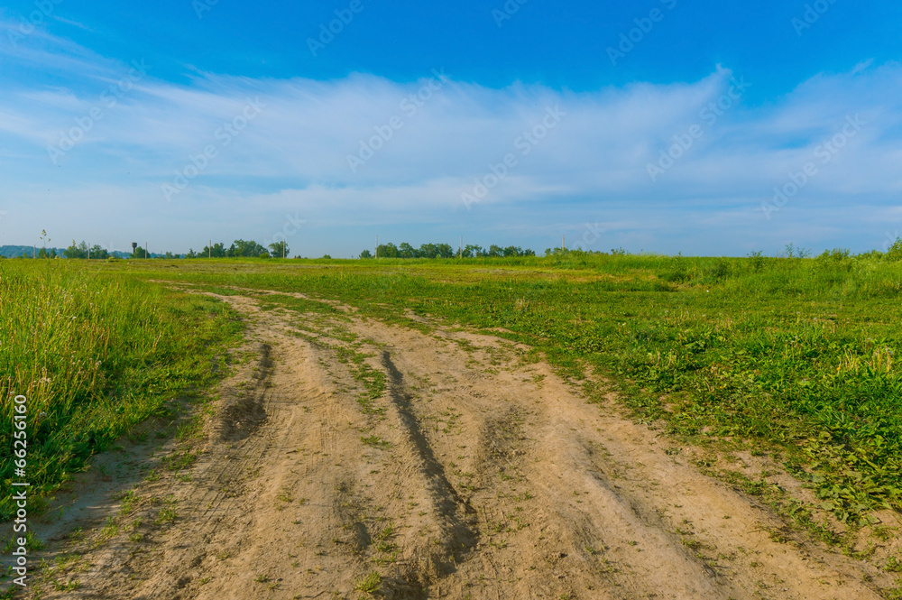 scenic landscape background green meadow blue sky and a wide rur