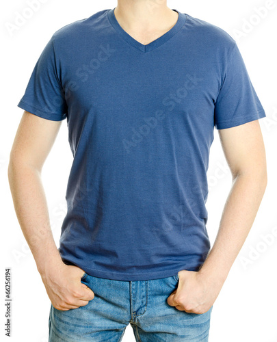 Man in blue t-shirt. Isolated on white background.