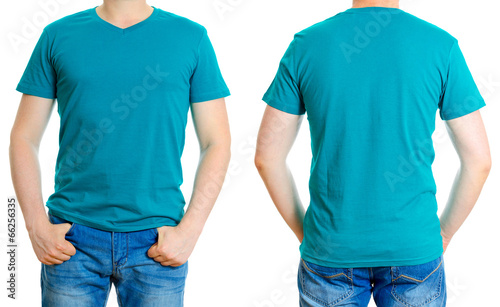 Man in turquoise t-shirt. Isolated on white background.