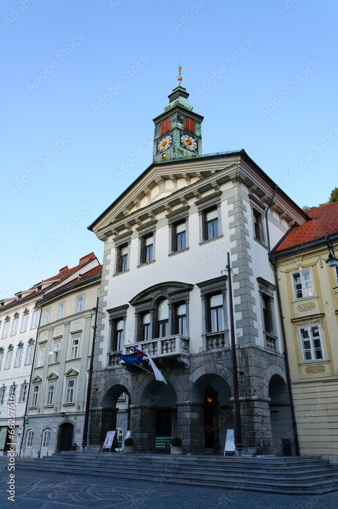 The City Hall of Ljubljana and Old Town in Ljubljana, Slovenia