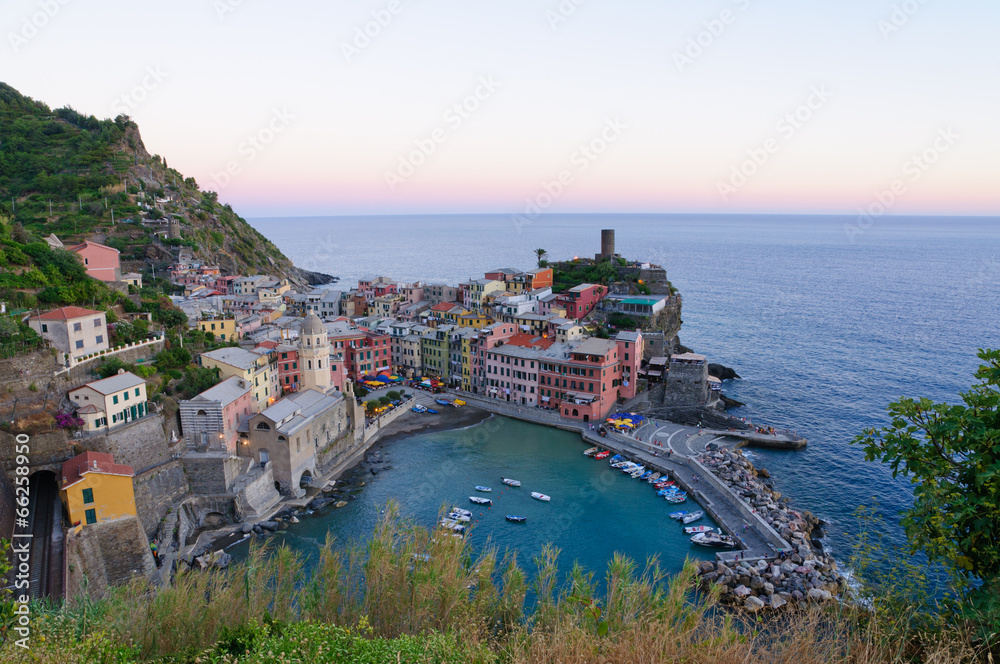 Village of Vernazza at dusk in Cinqueterre, Italy