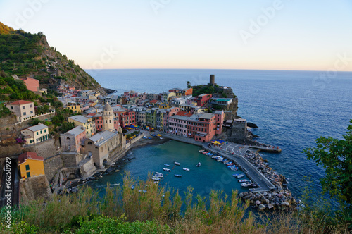 Village of Vernazza at dusk in Cinqueterre, Italy