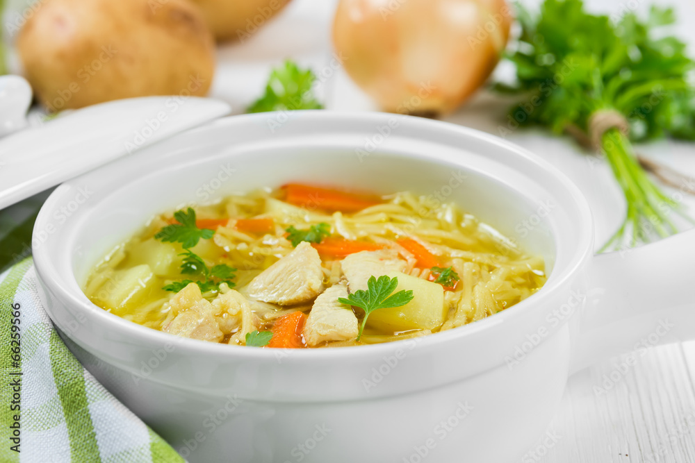 Soup with noodles and chicken