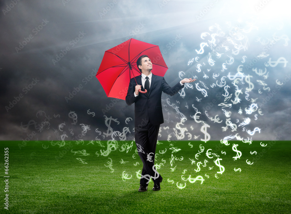 Palming up man looks at currency signs falling Palming up man looks at currency signs falling
