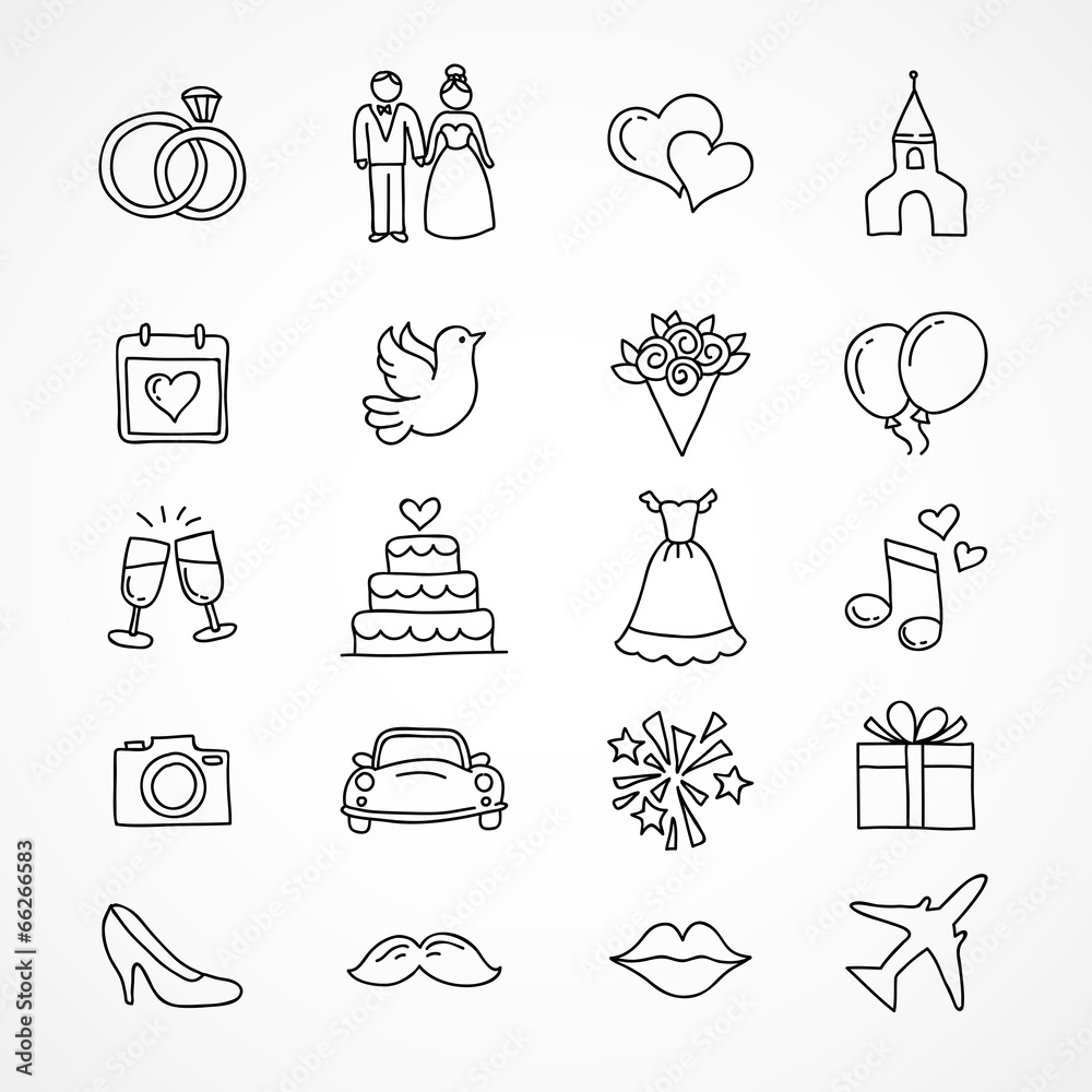 Vector wedding icons, bride, groom, couple, love, marriage - obrazy, fototapety, plakaty 