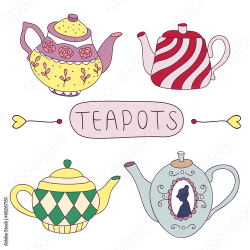 Cute cartoon vintage vector set of teapots on white background