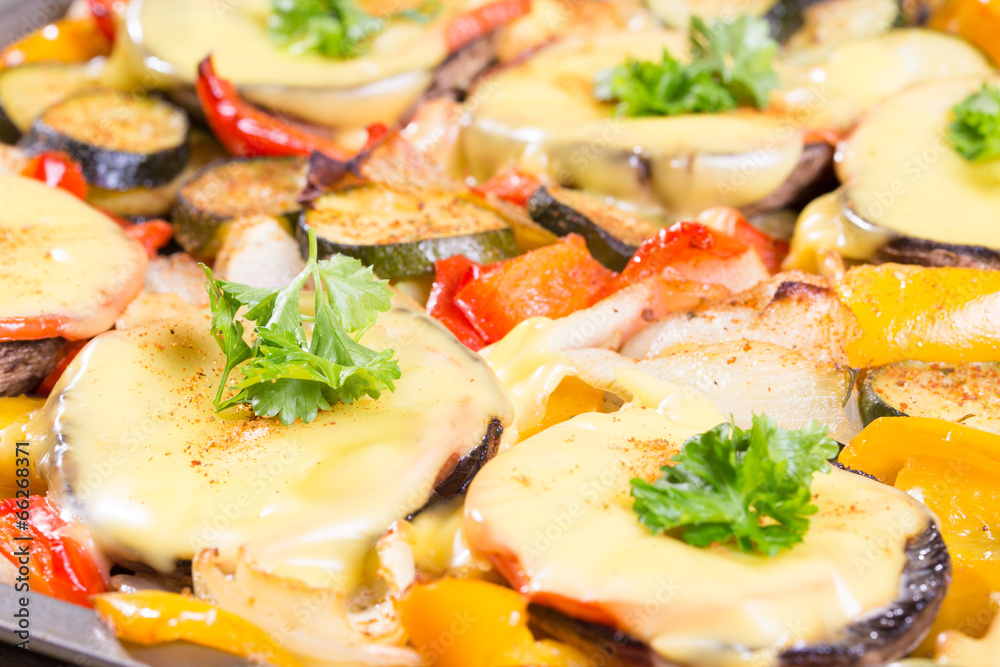 Baked mushrooms with cheese and parsley with vegetables Baked mushrooms with cheese and parsley with vegetables
