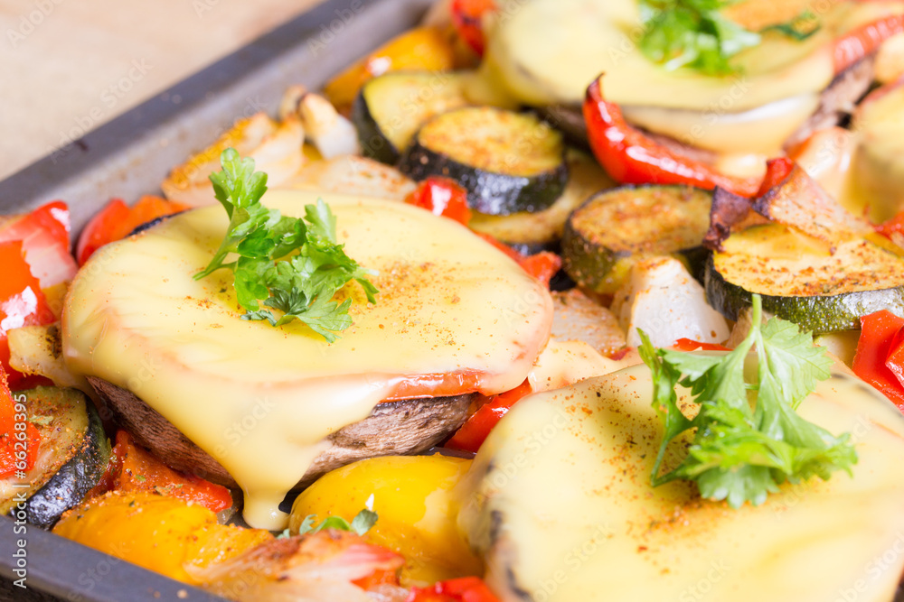 Baked mushrooms with cheese and parsley with vegetables Baked mushrooms with cheese and parsley with vegetables