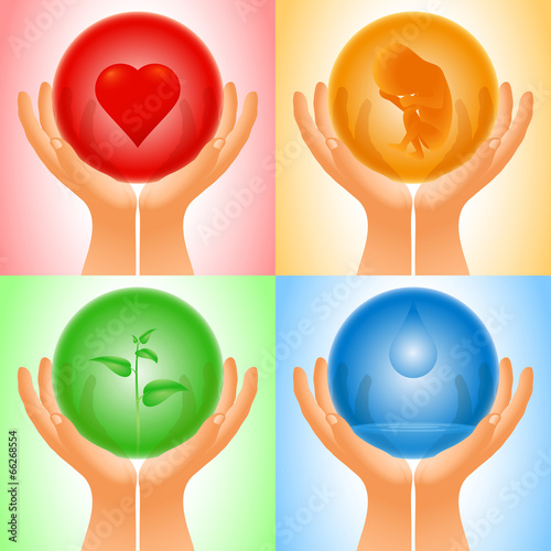 Set Hand transparent Sphere Heart Embryo Sprout Water eps8