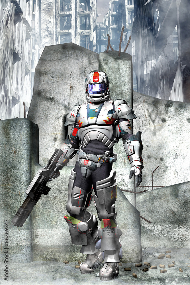 Naklejka premium Futuristic soldier between city ruins
