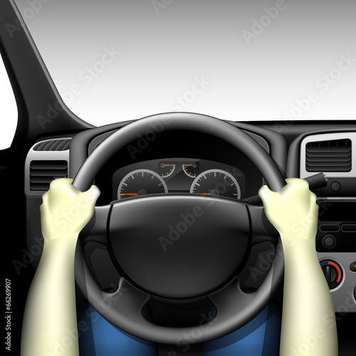 Car driver - car interior with dashboard and hands of driver