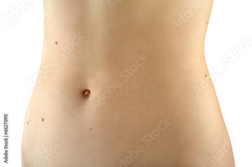 Female belly on a white background. Waist woman closeup.