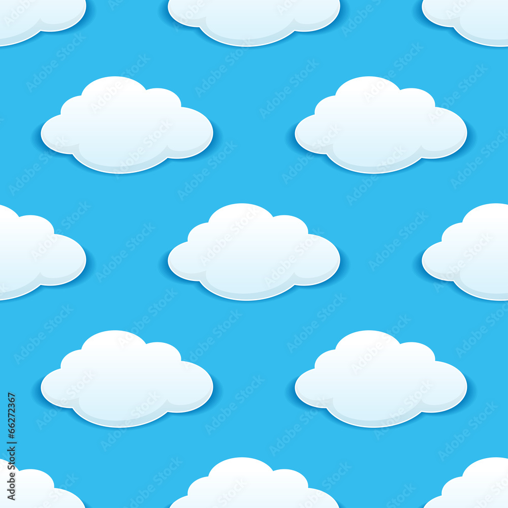 White fluffy clouds in a blue sky seamless pattern