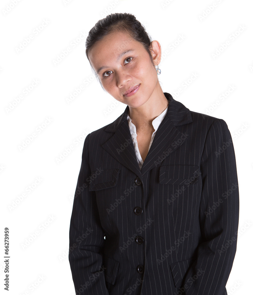 Asian businesswoman in a black suit over white background Asian businesswoman in a black suit over white background