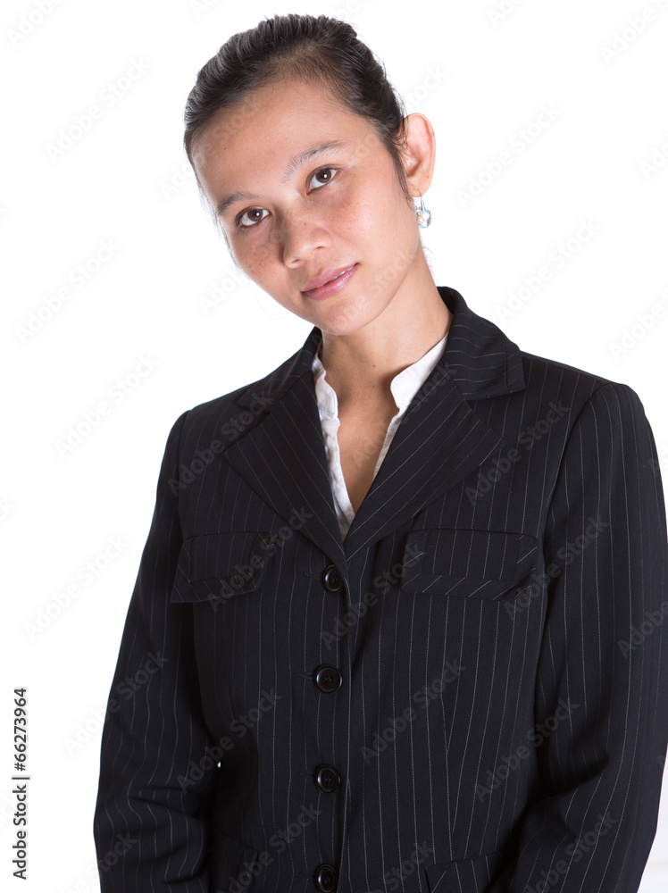 Asian businesswoman in a black suit over white background Asian businesswoman in a black suit over white background