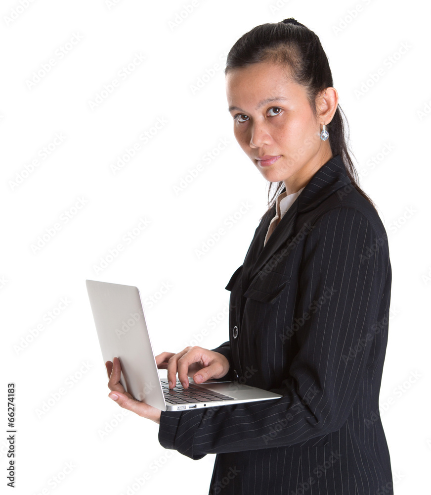 Asian businesswoman with laptop over white background
