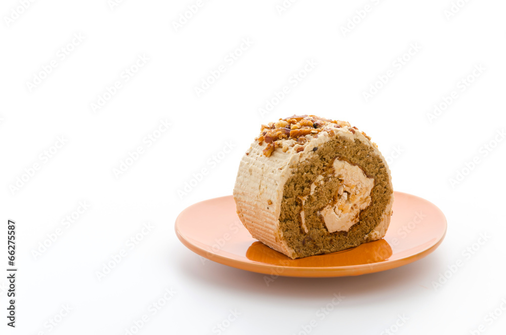 Roll coffee cake isolated on white background Roll coffee cake isolated on white background