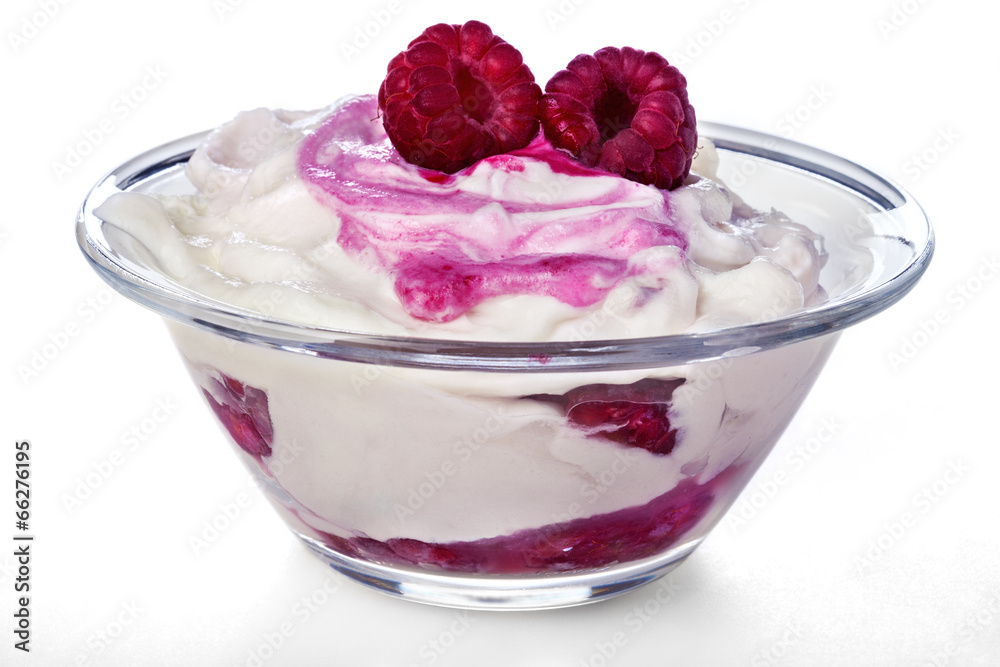 fresh raspberries in sweet sour cream on a white background fresh raspberries in sweet sour cream on a white background