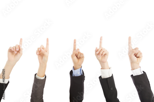 business people hands point upward together