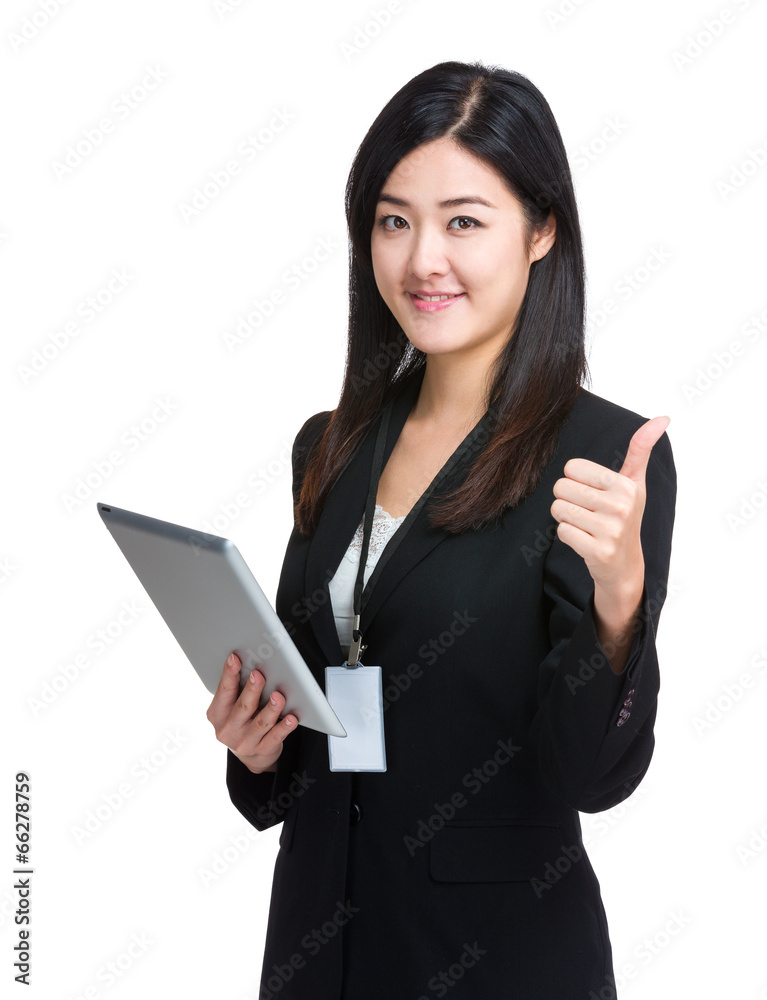 Business woman hold tablet and thumb up Business woman hold tablet and thumb up