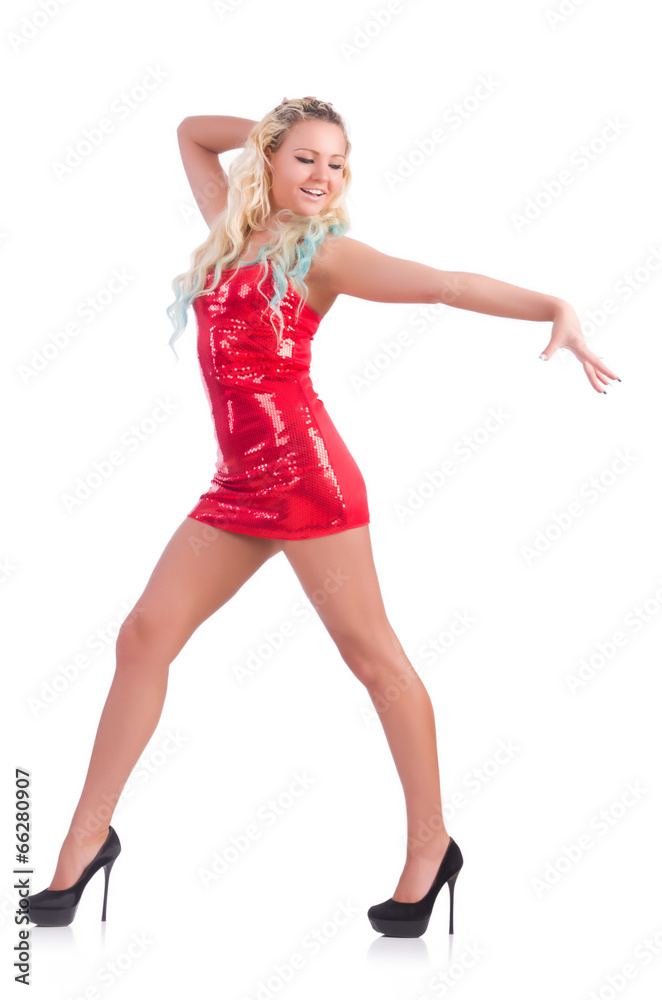 Woman dancing in red dress isolated on white Woman dancing in red dress isolated on white
