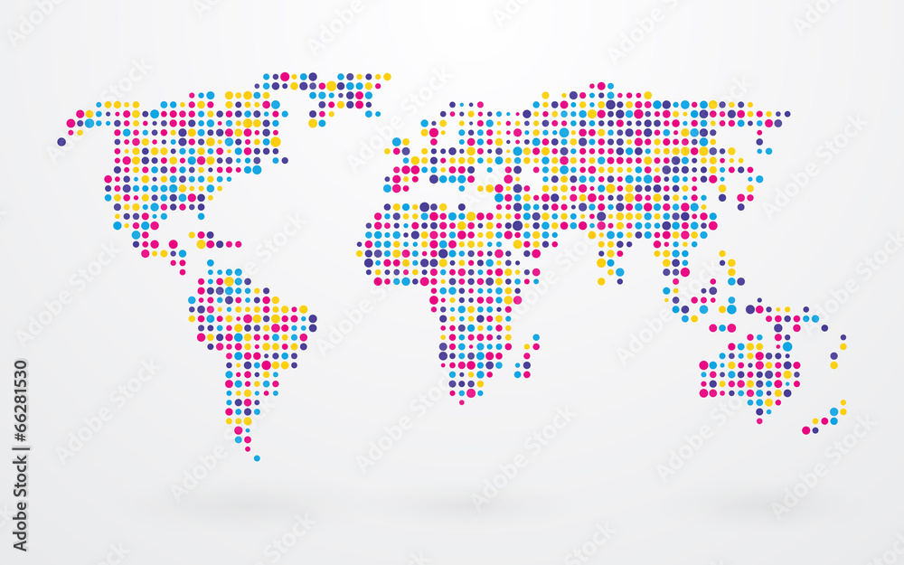 Obraz premium mapa świata składa się z małych kolorowych kropek