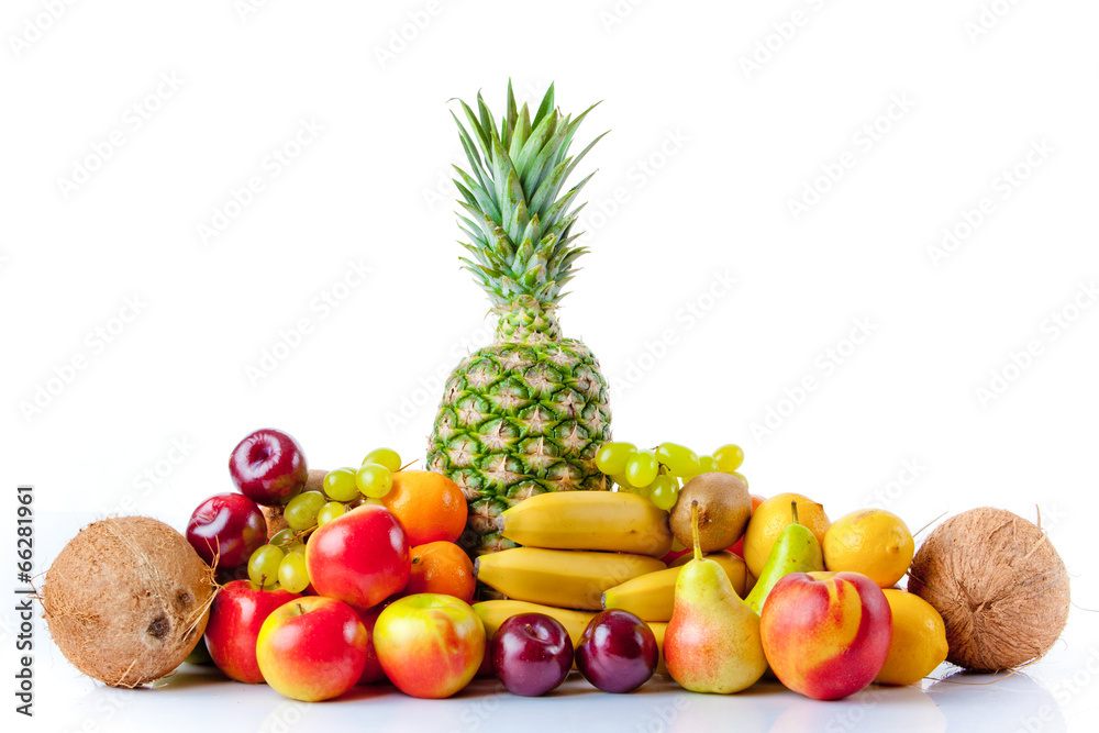 Fresh fruits isolated on a white . Set of different fresh fruits Fresh fruits isolated on a white . Set of different fresh fruits