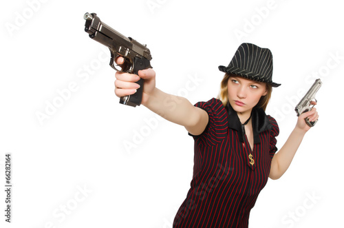 Young woman gangster with gun on white © Elnur