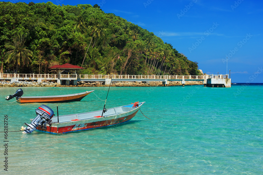 Serene view of the speedboats on the beach, Perhentian Island,