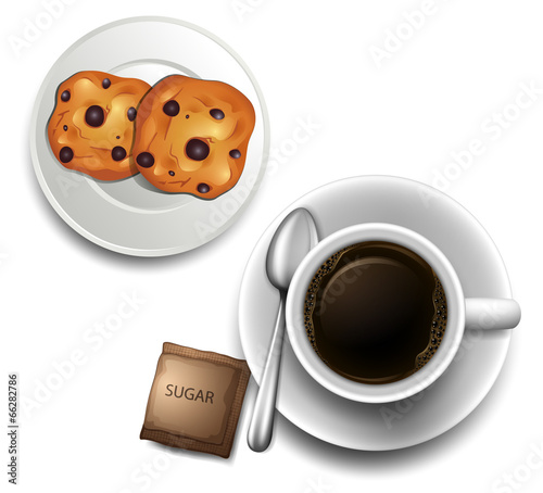 A topview of a cup of coffee and a plate of cookies