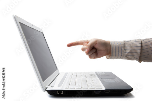 man's hand holding a finger on a laptop