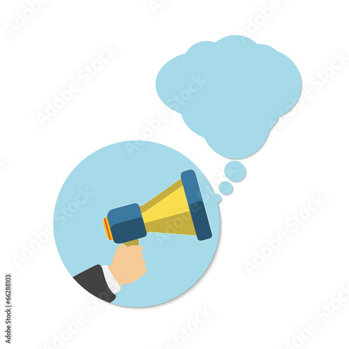 Hand holding a yellow megaphone with bubble