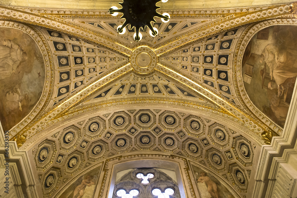 Interiors and details of Santa Chiara church, Naples, Italy