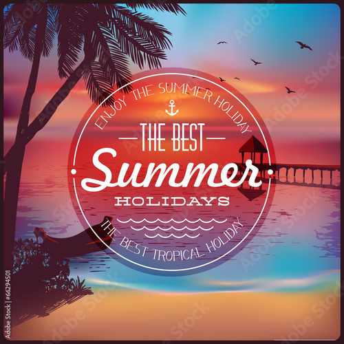 Vintage card with a beautiful sunset on a tropical beach