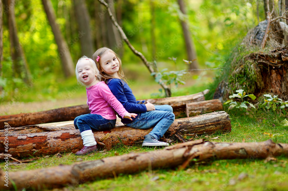 Two little sisters sitting on a log in a forest Two little sisters sitting on a log in a forest