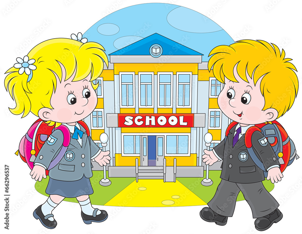 Schoolgirl and schoolboy walking to school Schoolgirl and schoolboy walking to school