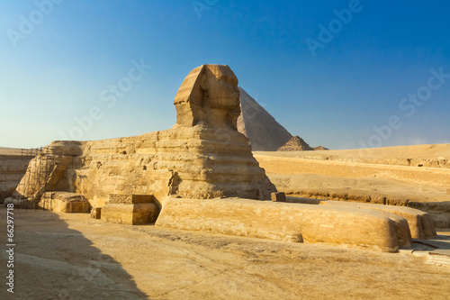 The Great Sphinx and the Pyramid of Khafre in Giza. Cairo, Egypt