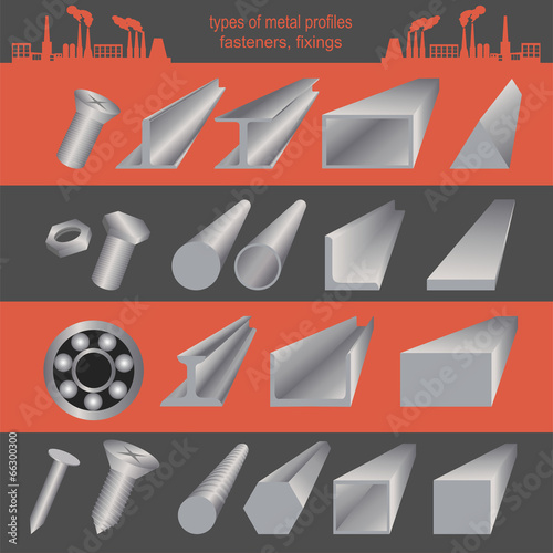 Set of metallurgy icons, metal working tools; steel profiles for