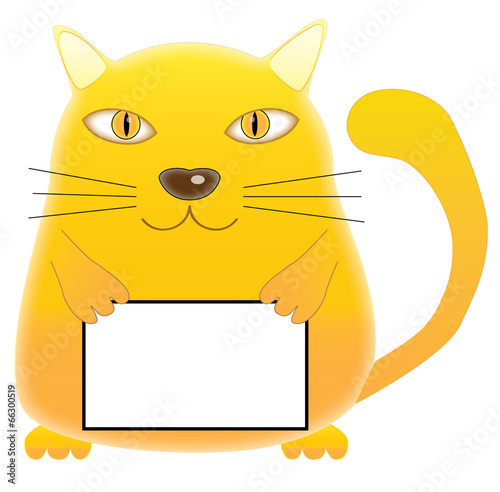 Fat ginger cat with poster in hands