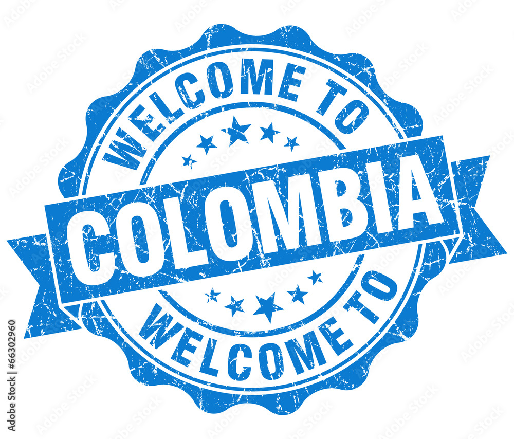 Fototapeta premium Welcome to Colombia blue grungy vintage isolated seal